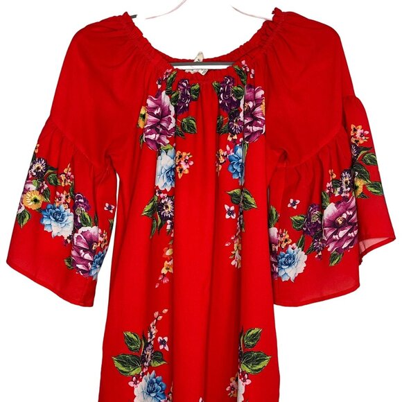 Umgee Red Floral Peasant Dress Small Boho Bell Sleeve Cottagecore - Picture 2 of 12